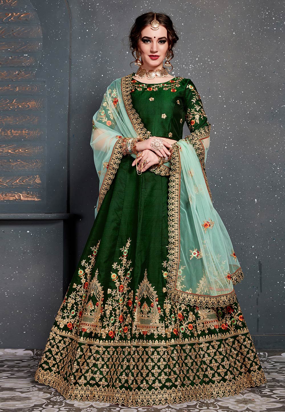 Green Taffeta Embroidered Circular Lehenga Choli 182979