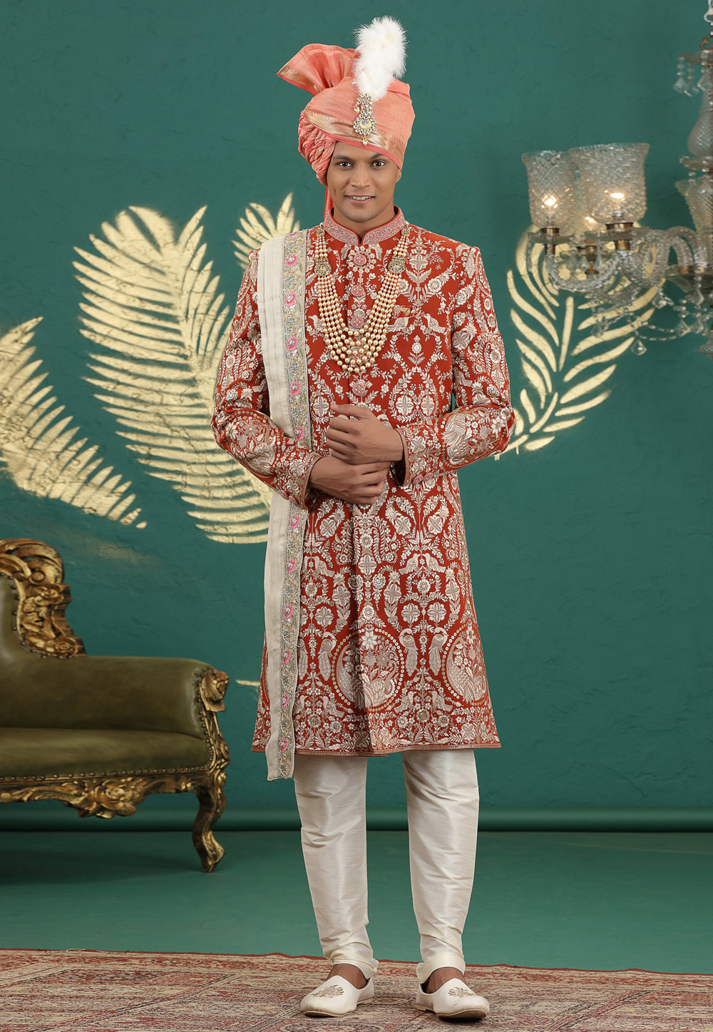 Rust Art Silk Achkan Style Sherwani With Dupatta 318998