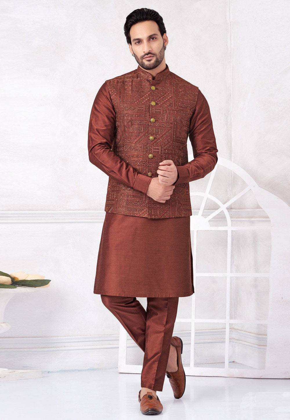 Rust Art Silk Kurta Pajama With Jacket 322324