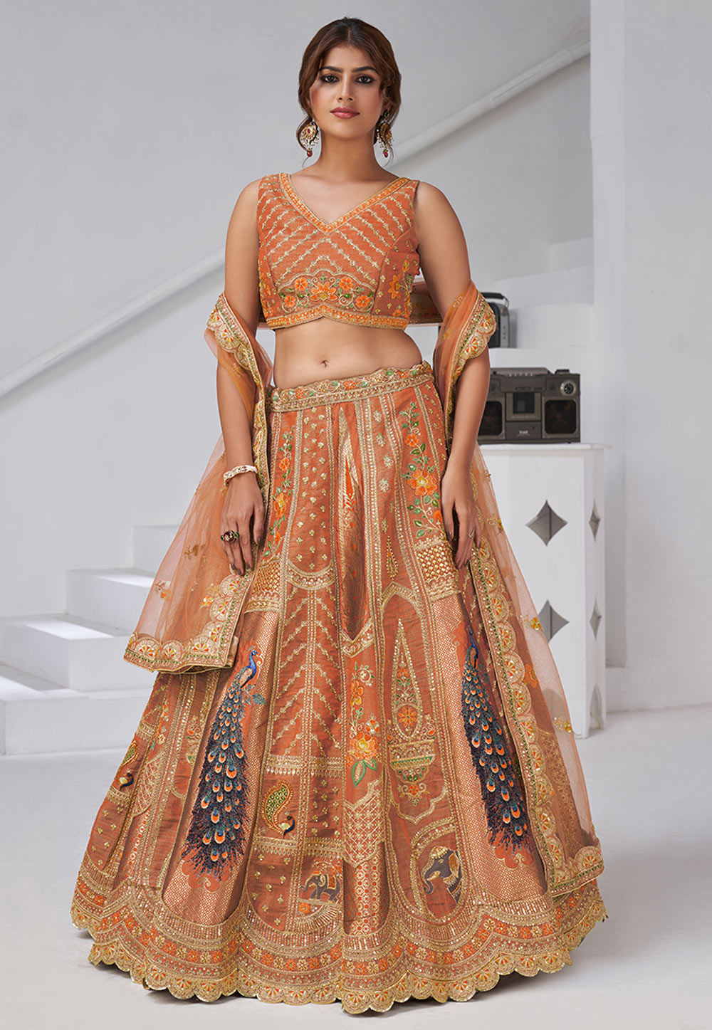 Rust Banarasi Silk Circular Lehenga Choli 318871