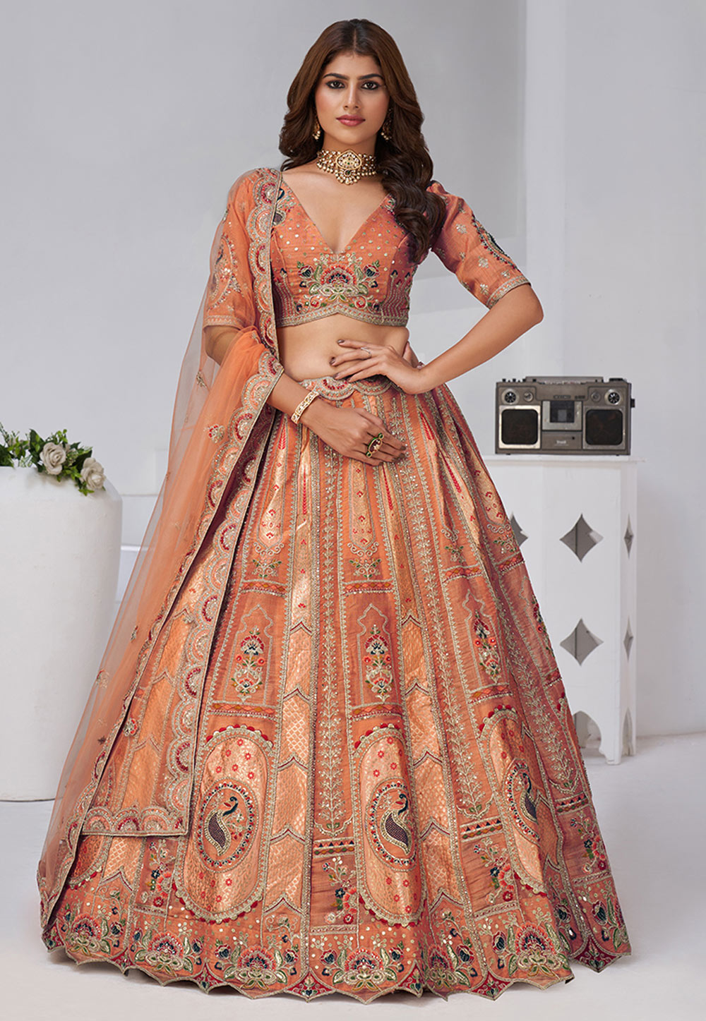 Rust Banarasi Silk Lehenga Choli 318876