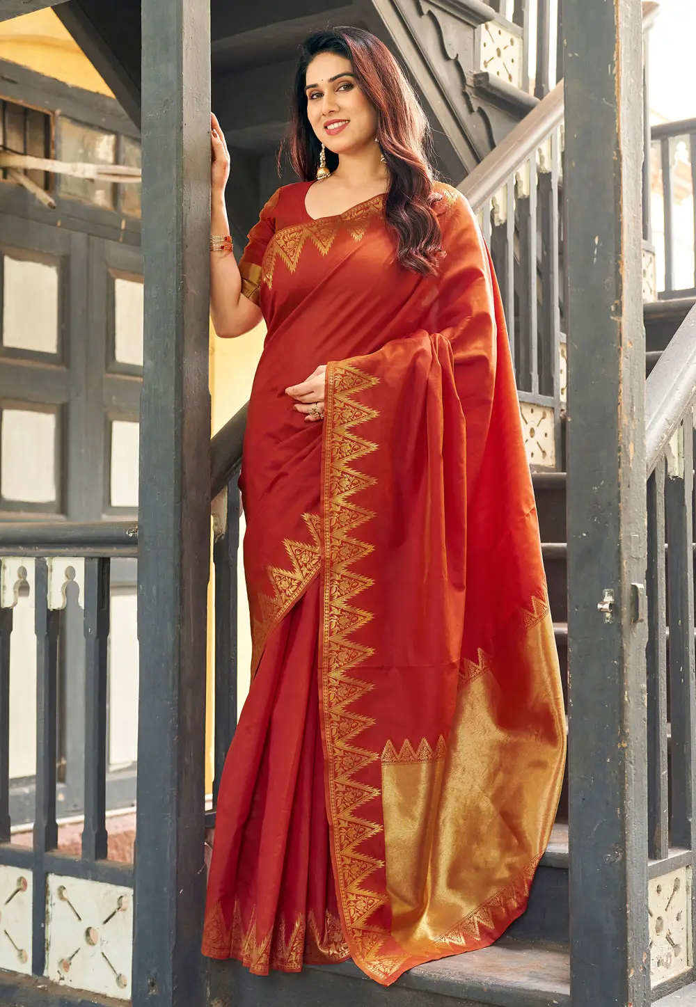 Rust Banarasi Silk Saree With Blouse 336584