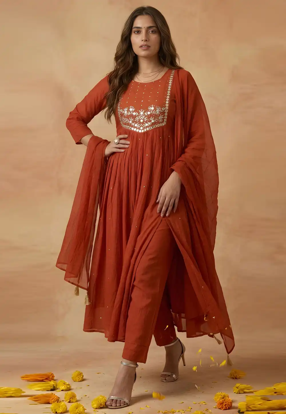 Rust Cambric Cotton Readymade Anarkali Suit 330587