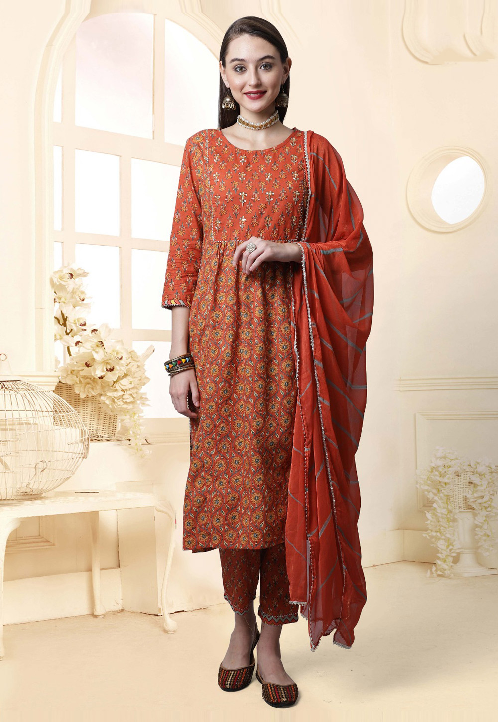 Rust Cambric Cotton Readymade Pakistani Suit 278224