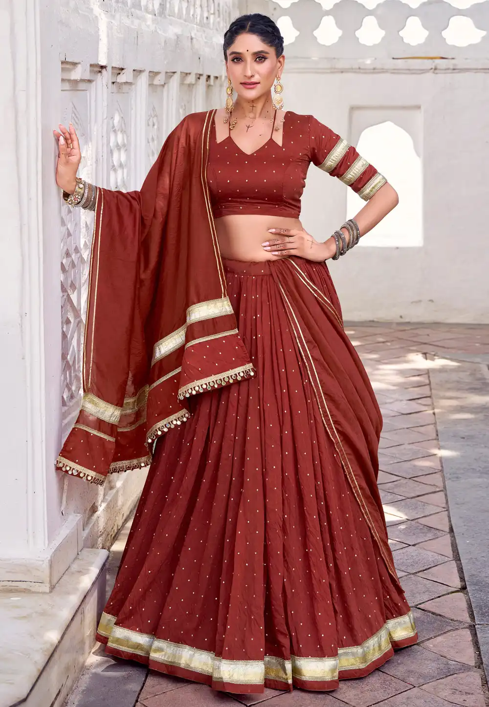 Rust Chanderi Navratri Chaniya Choli 315453