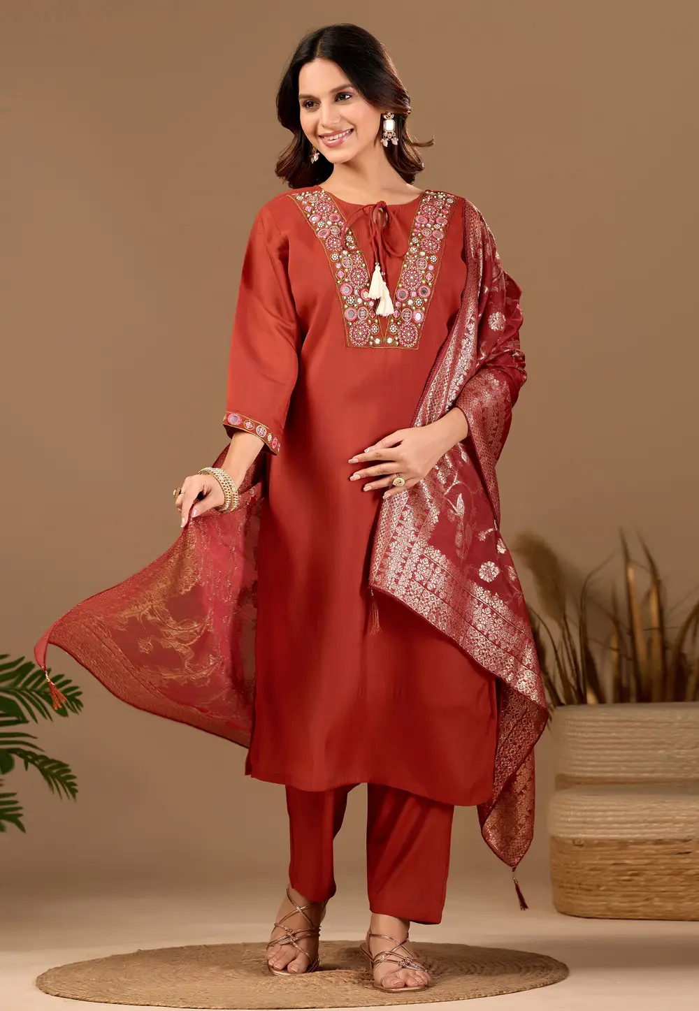 Rust Chanderi Readymade Pant Style Suit 331309