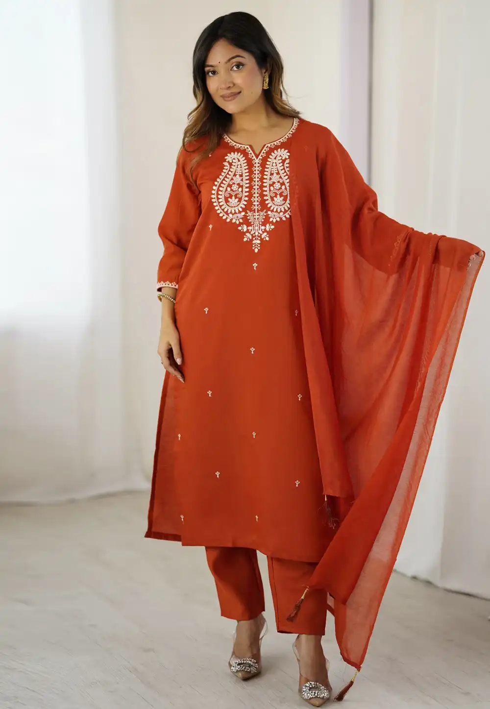 Rust Chanderi Readymade Pant Style Suit 315144