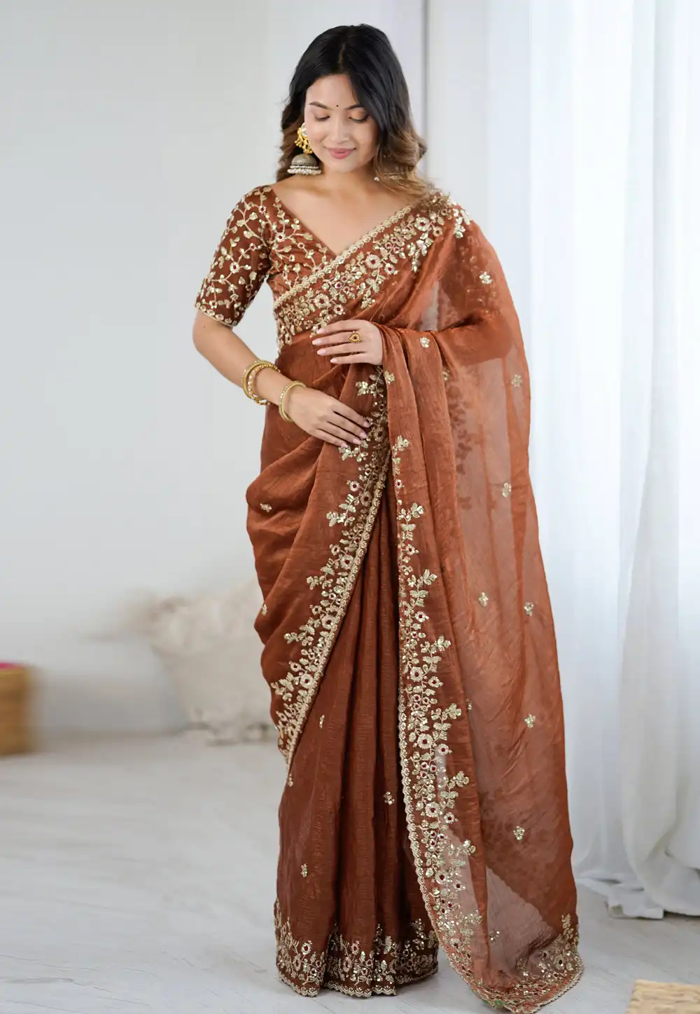 Rust Chiffon Saree With Blouse 321511