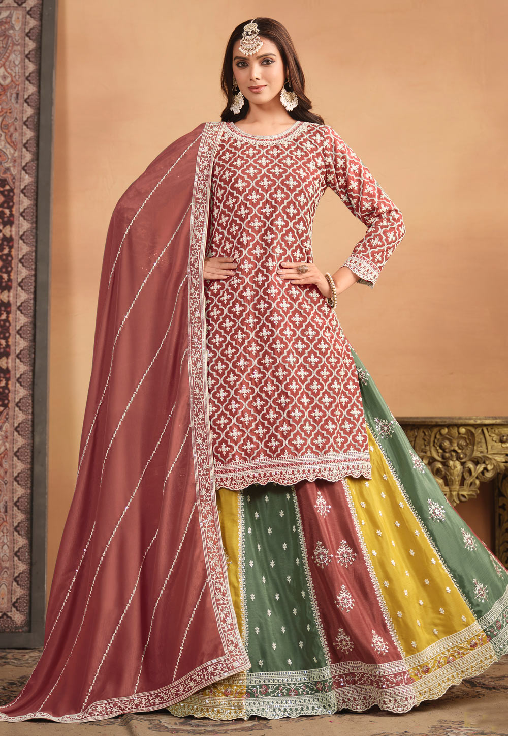 Rust Chinon Long Choli Lehenga 284308