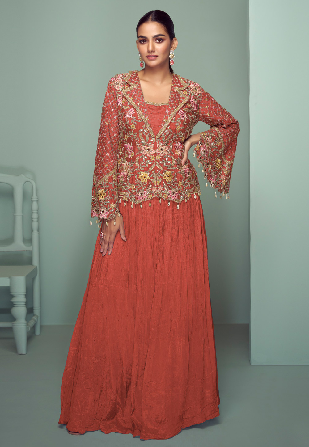 Rust Chinon Long Choli Lehenga 321573
