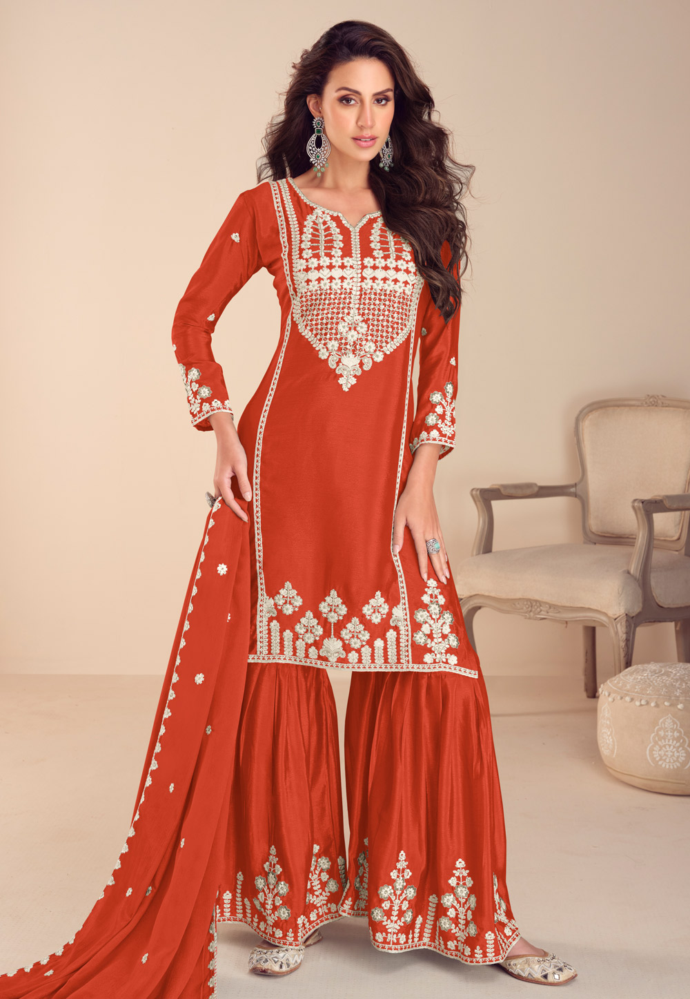 Rust Chinon Silk Gharara Suit 308309