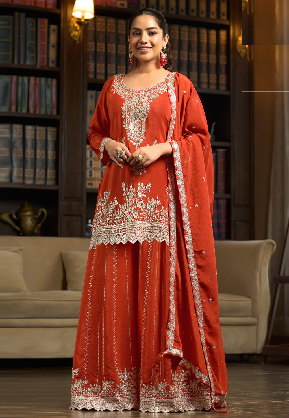 Rust Chinon Silk Readymade Palazzo Suit 324214