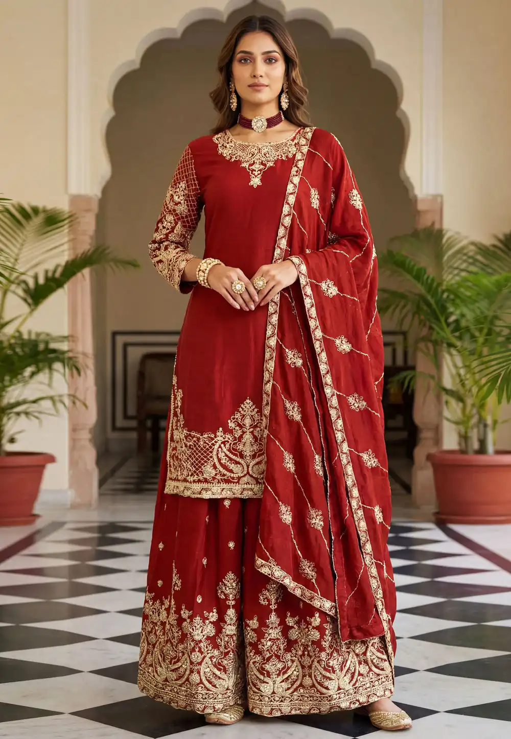 Maroon Chinon Silk Readymade Palazzo Suit 322423