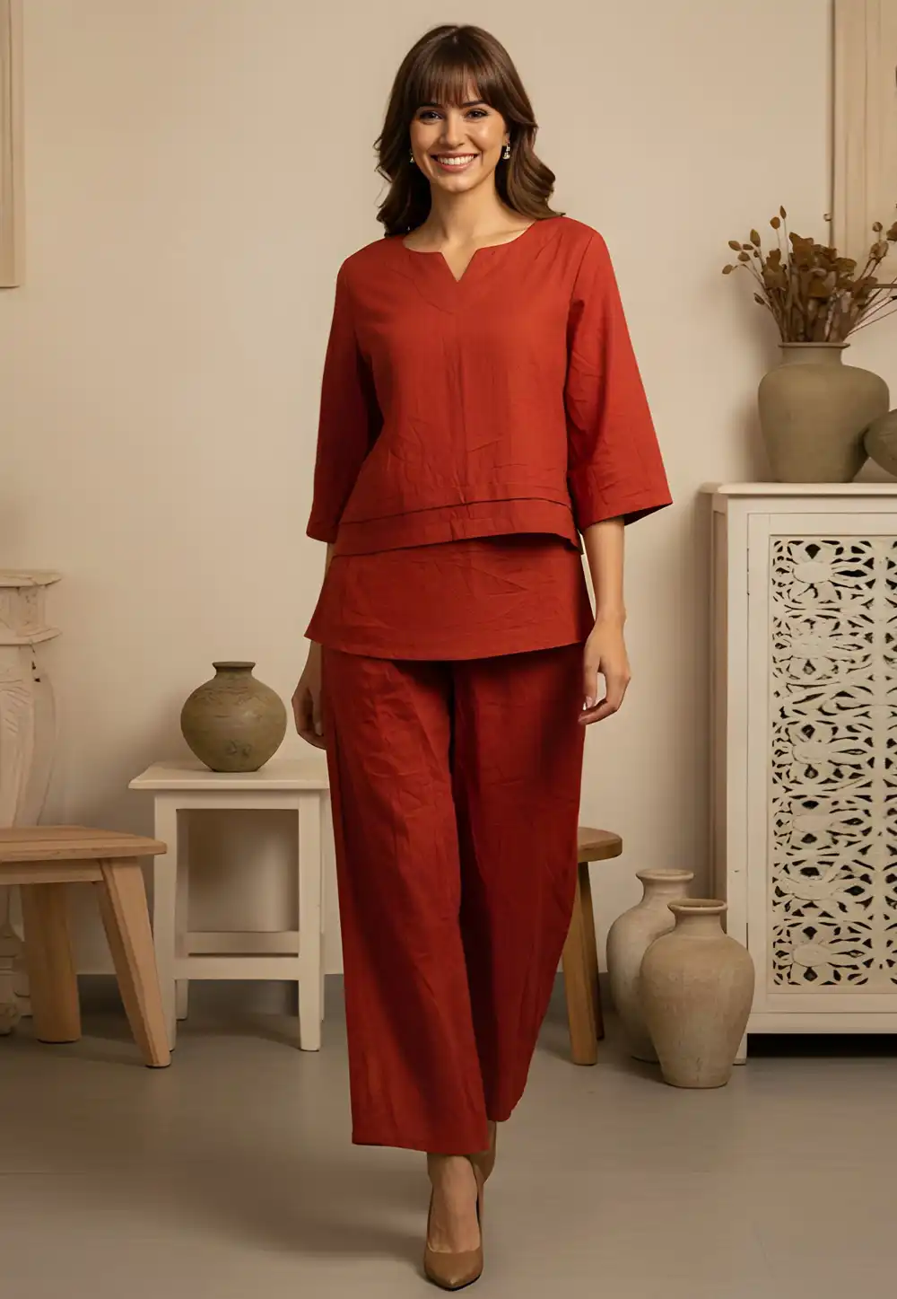 Rust Cotton Kurta Set With Palazzo 330619