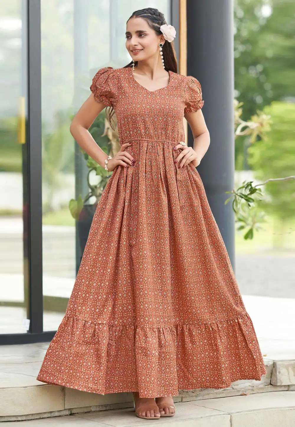 Rust Cotton Printed Gown 330579