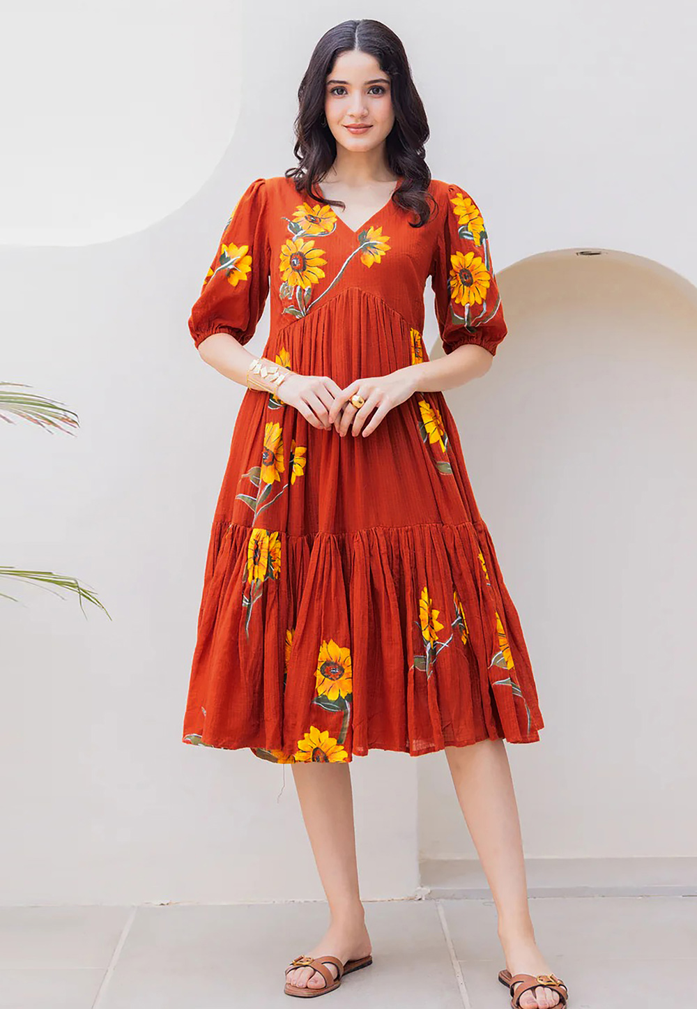 Rust Cotton Printed Gown 318020