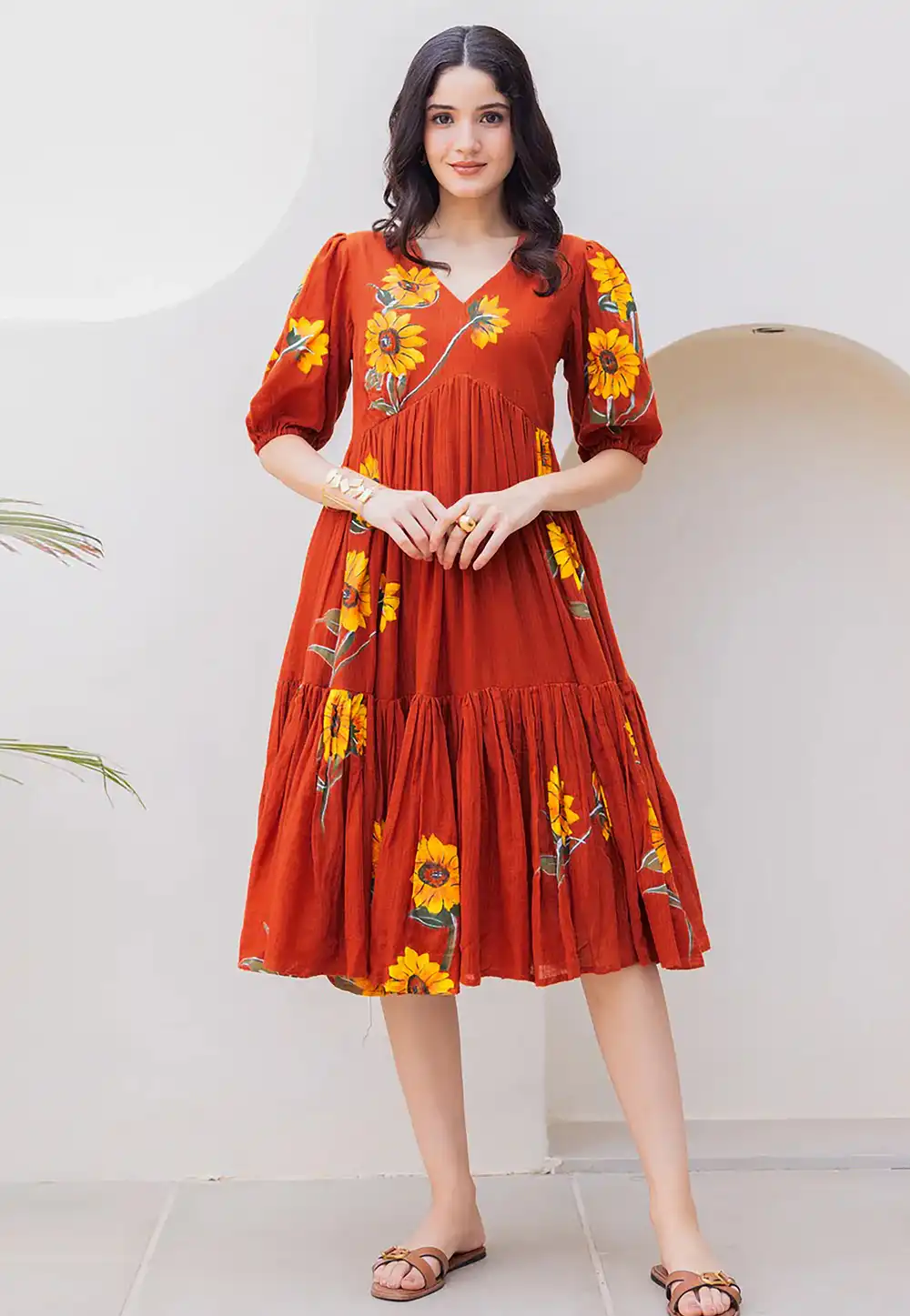 Rust Cotton Printed Gown 318020