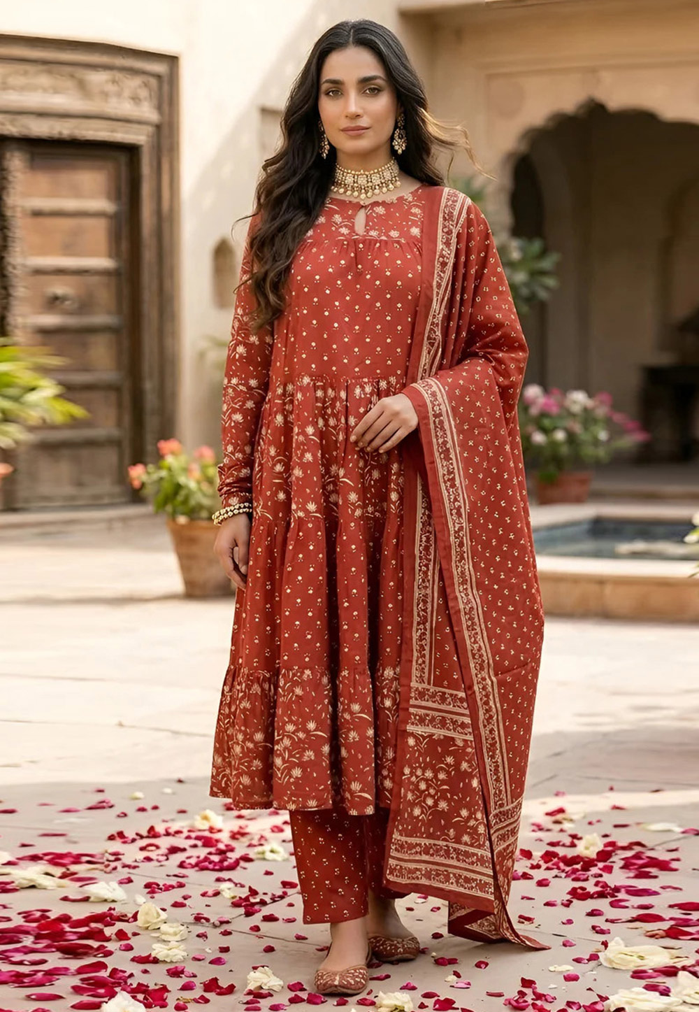 Rust Cotton Readymade Anarkali Suit 326788
