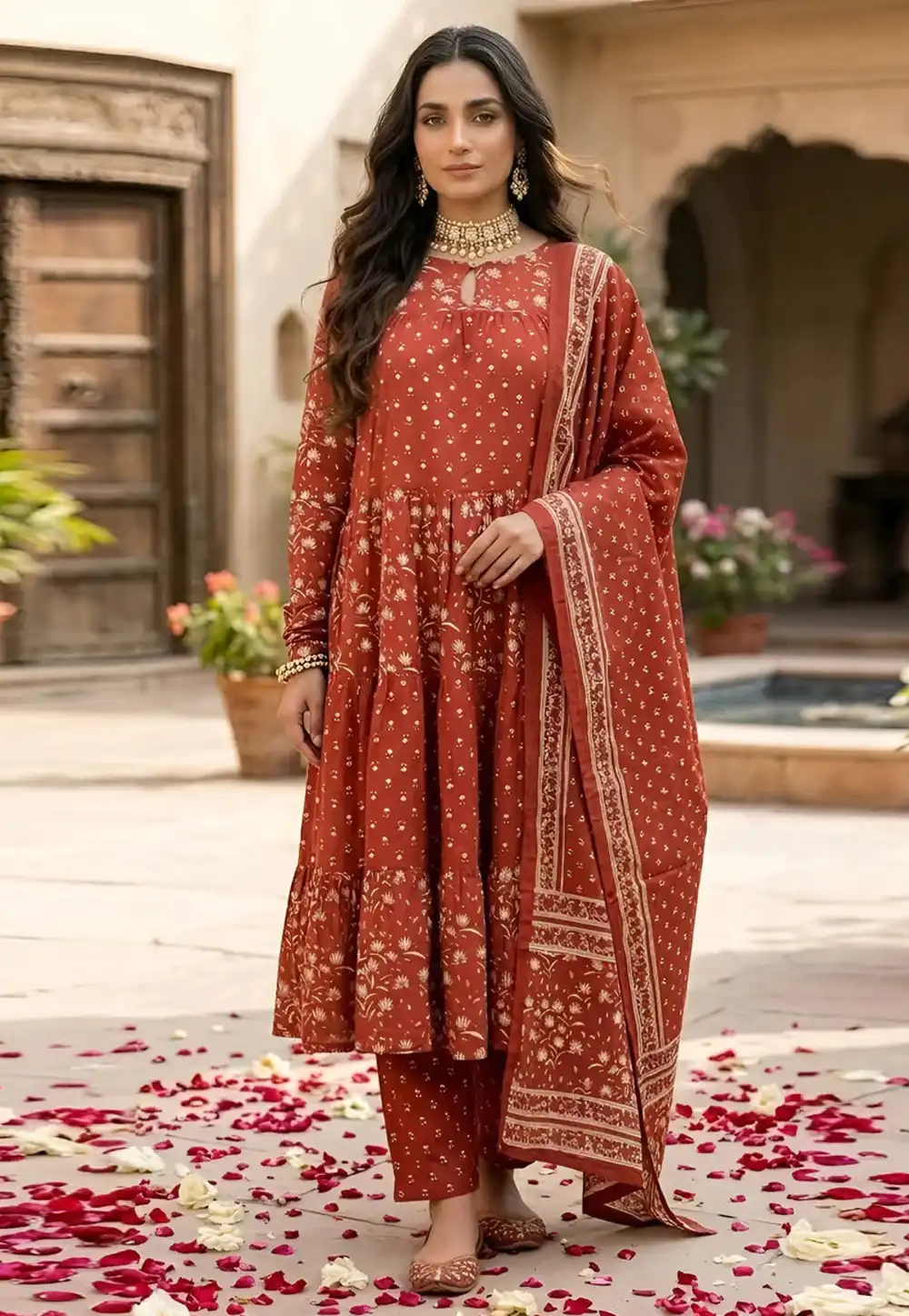 Rust Cotton Readymade Anarkali Suit 326788