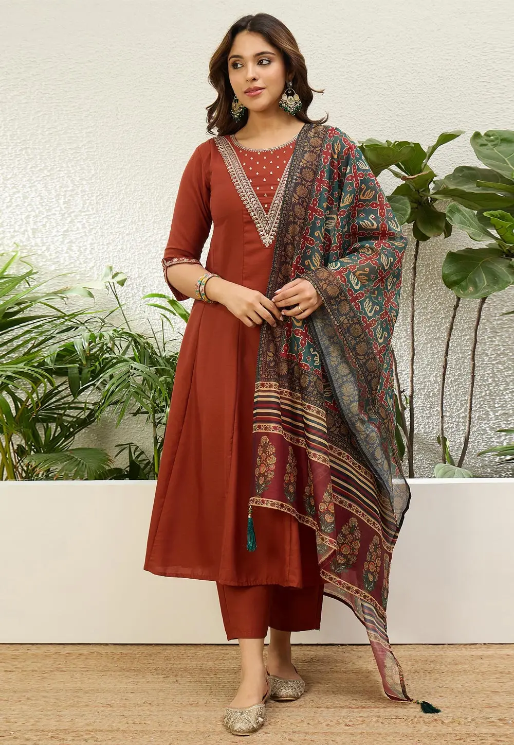Rust Cotton Readymade Anarkali Suit 333780