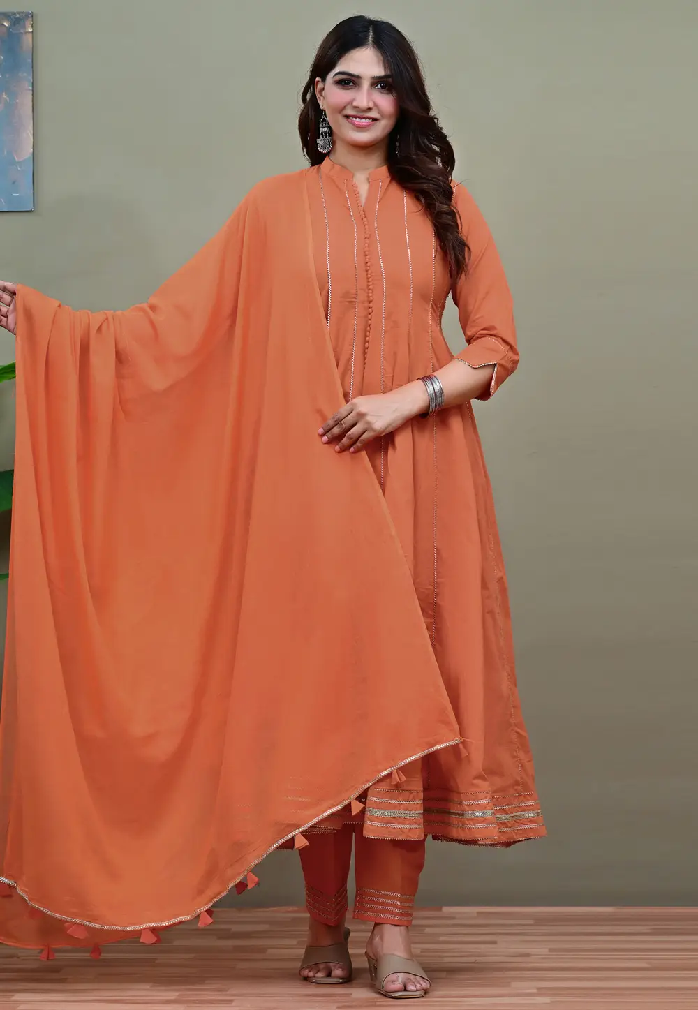 Rust Cotton Readymade Anarkali Suit 335815