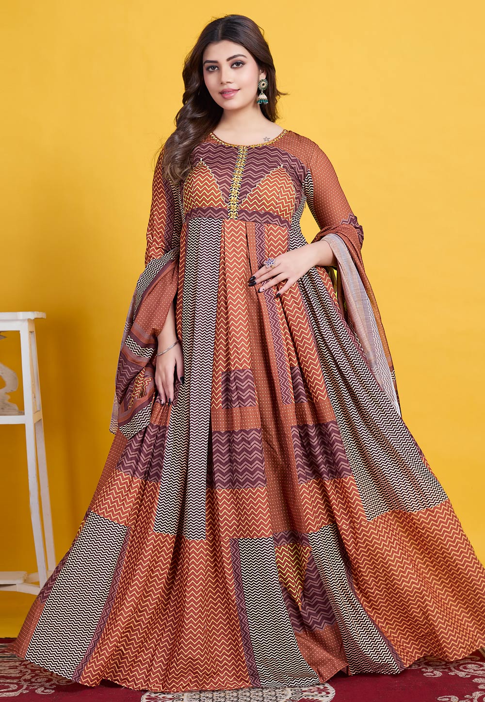 Rust Cotton Readymade Long Anarkali Suit 307044