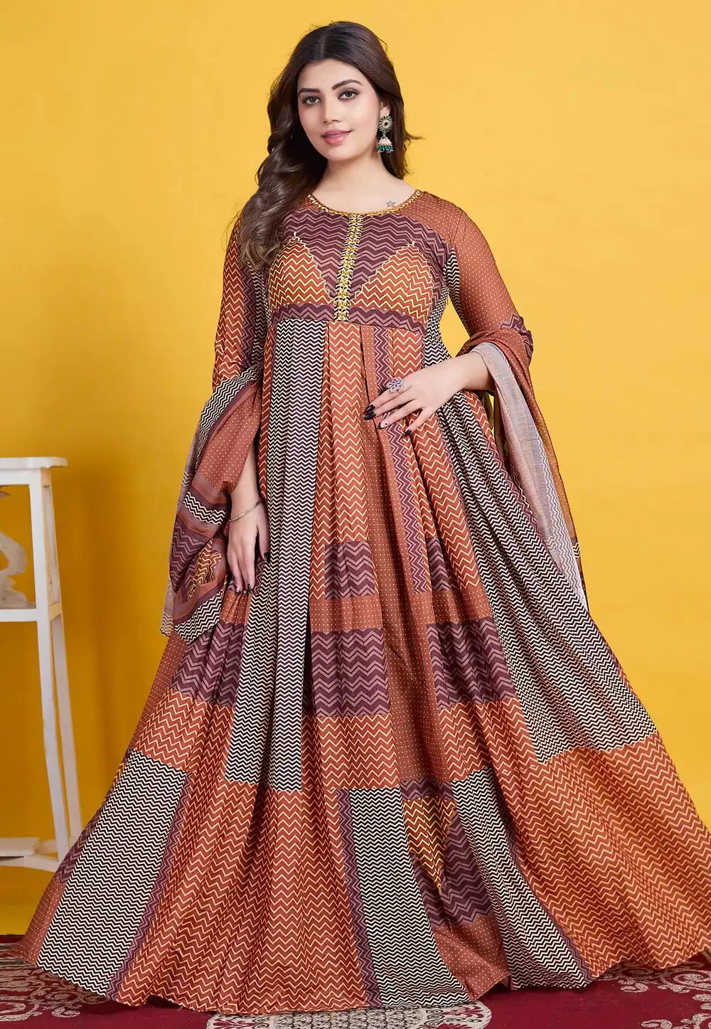 Rust Cotton Readymade Long Anarkali Suit 307044