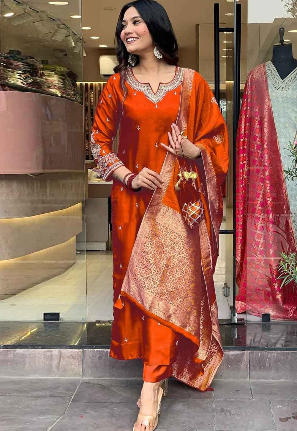 Rust Cotton Readymade Pant Style Suit 323064