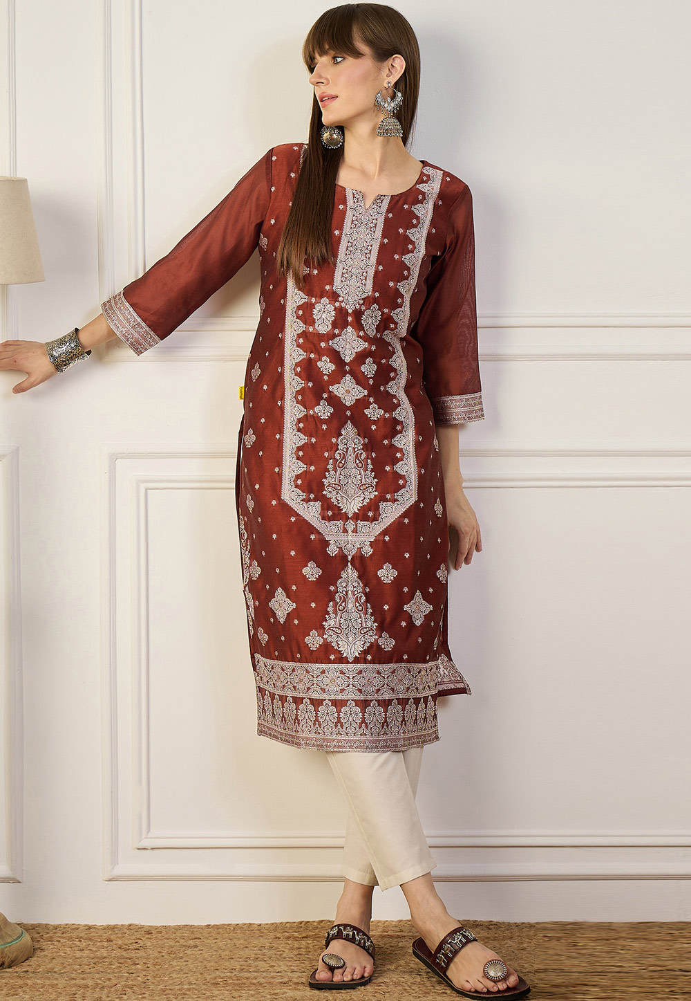 Rust Cotton Silk Long Kurti 325873