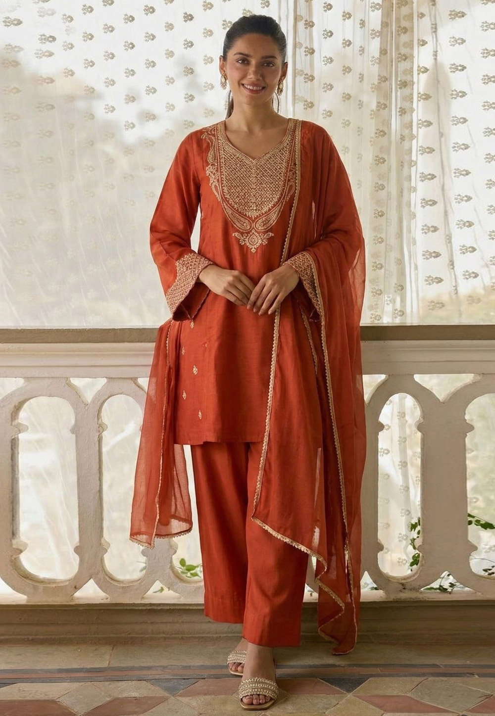 Rust Cotton Silk Readymade Pakistani Suit 327941