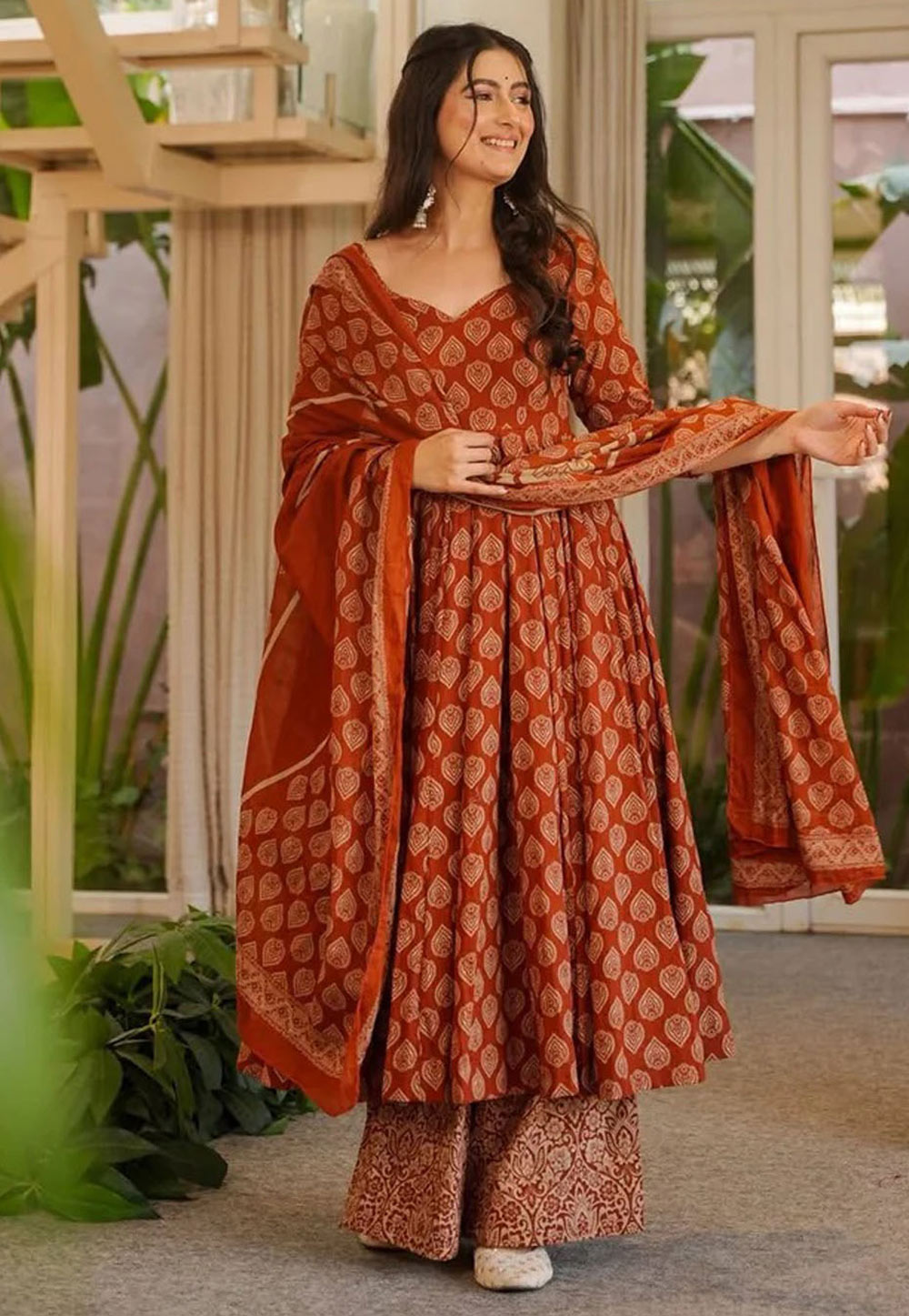 Rust Cotton Silk Readymade Palazzo Suit 326896