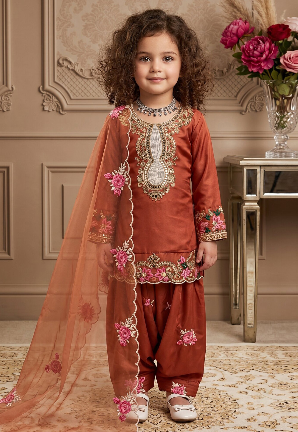 Rust Crepe Kids Punjabi Suit 329921
