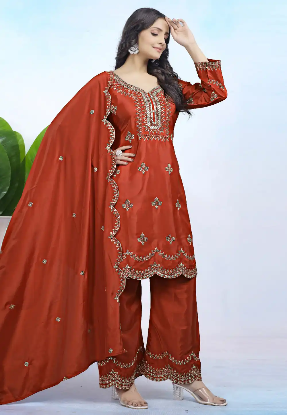 Rust Crepe Readymade Pakistani Suit 321221