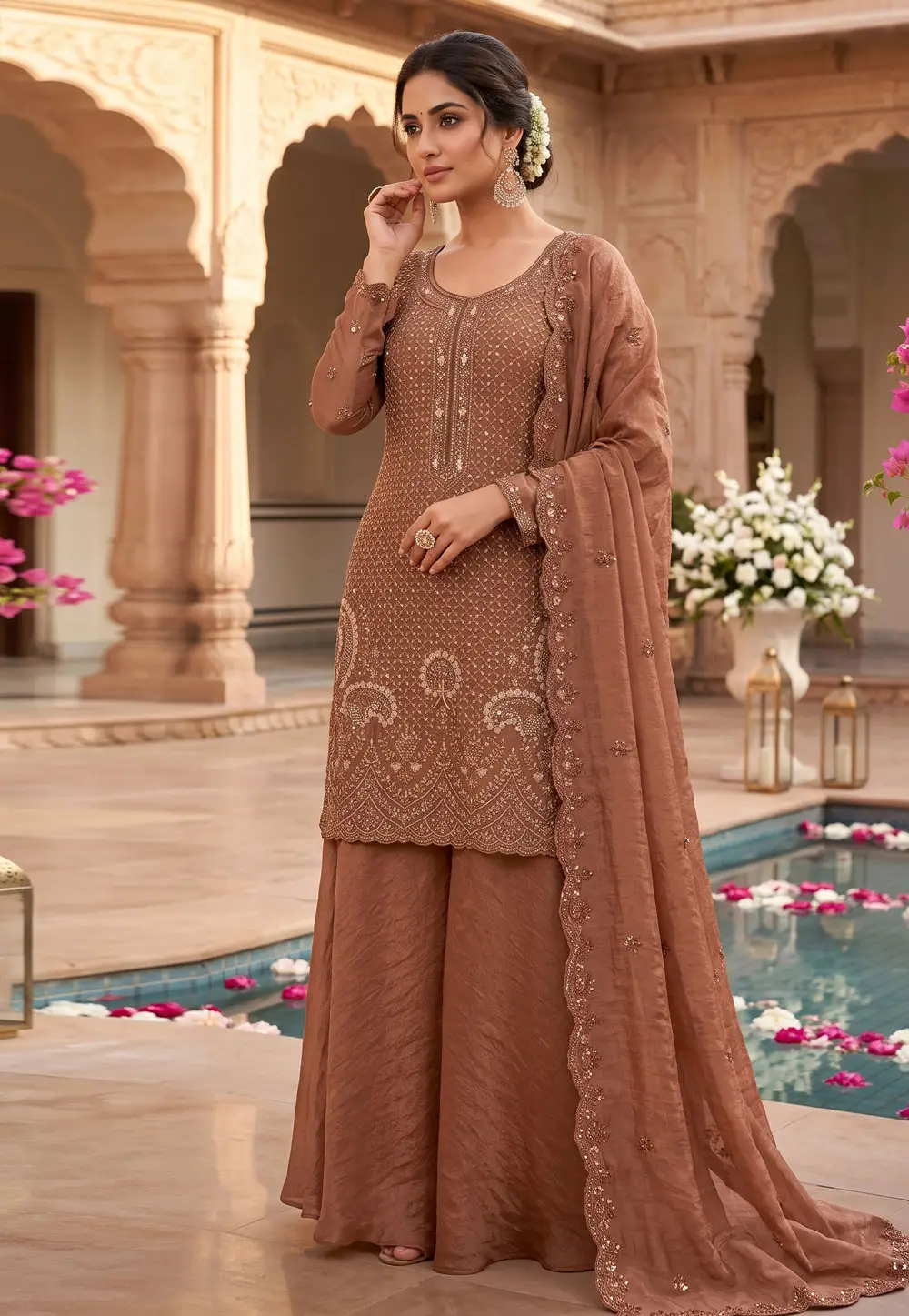 Rust Crepe Satin Readymade Pakistani Suit 335137
