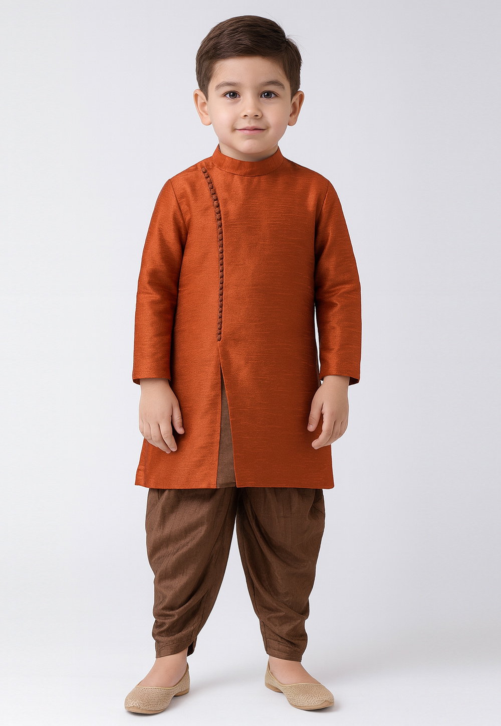 Rust Dupion Silk Kids Dhoti Kurta 320586