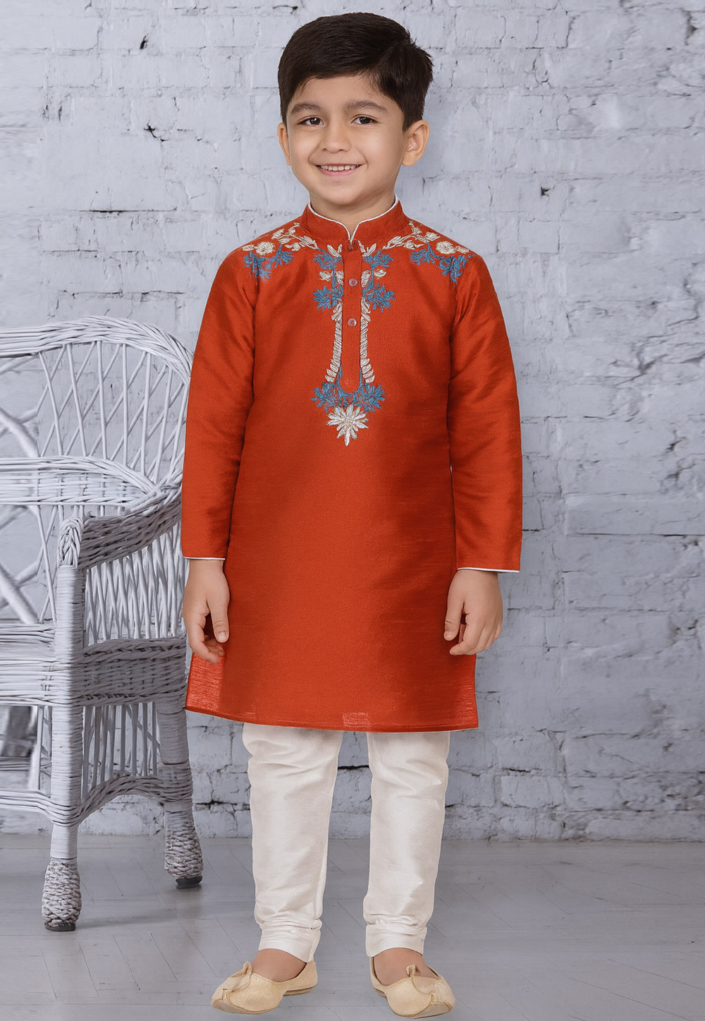 Rust Dupion Silk Kids Kurta Pajama 320806