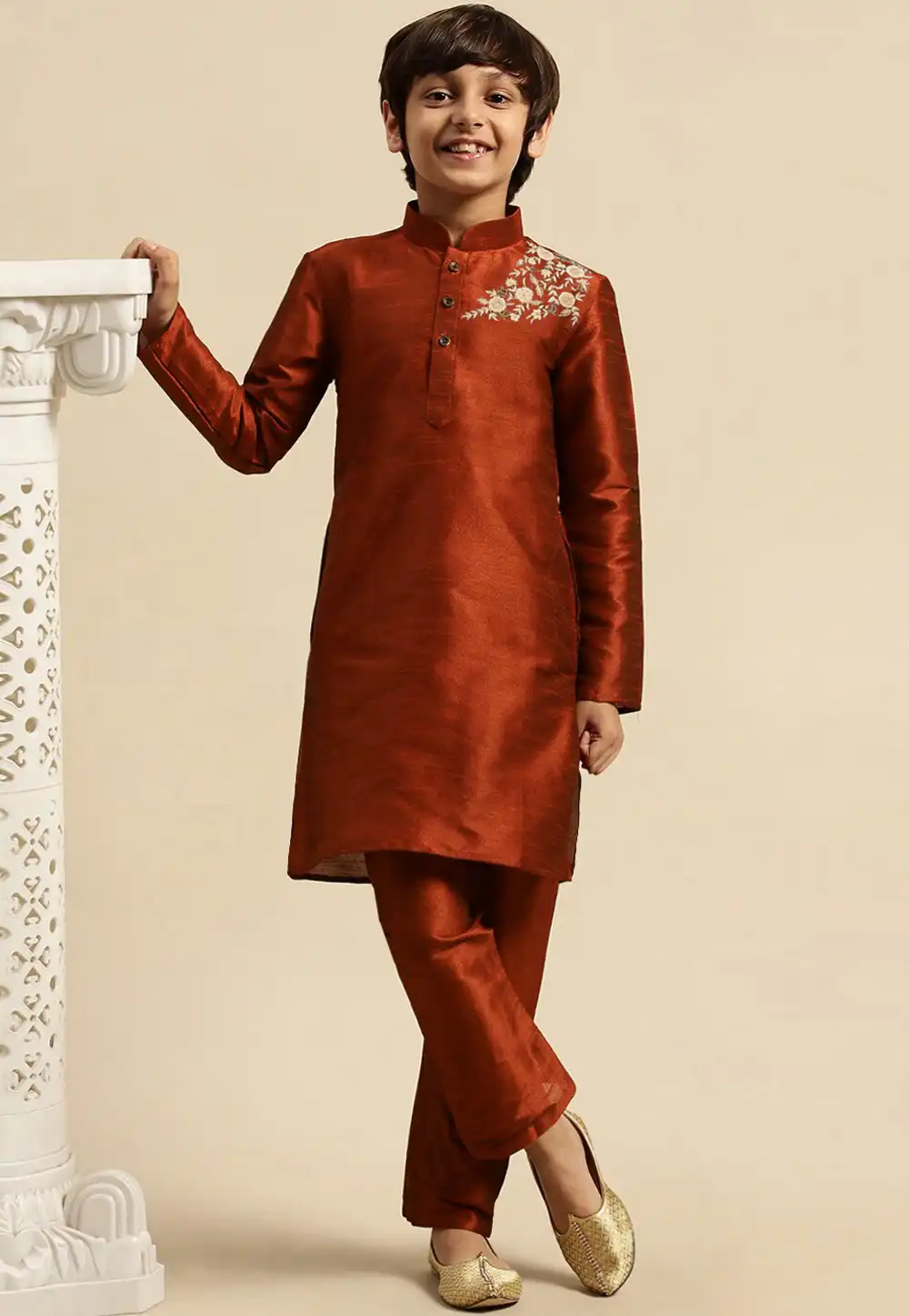 Rust Dupion Silk Kids Kurta Pajama 316887