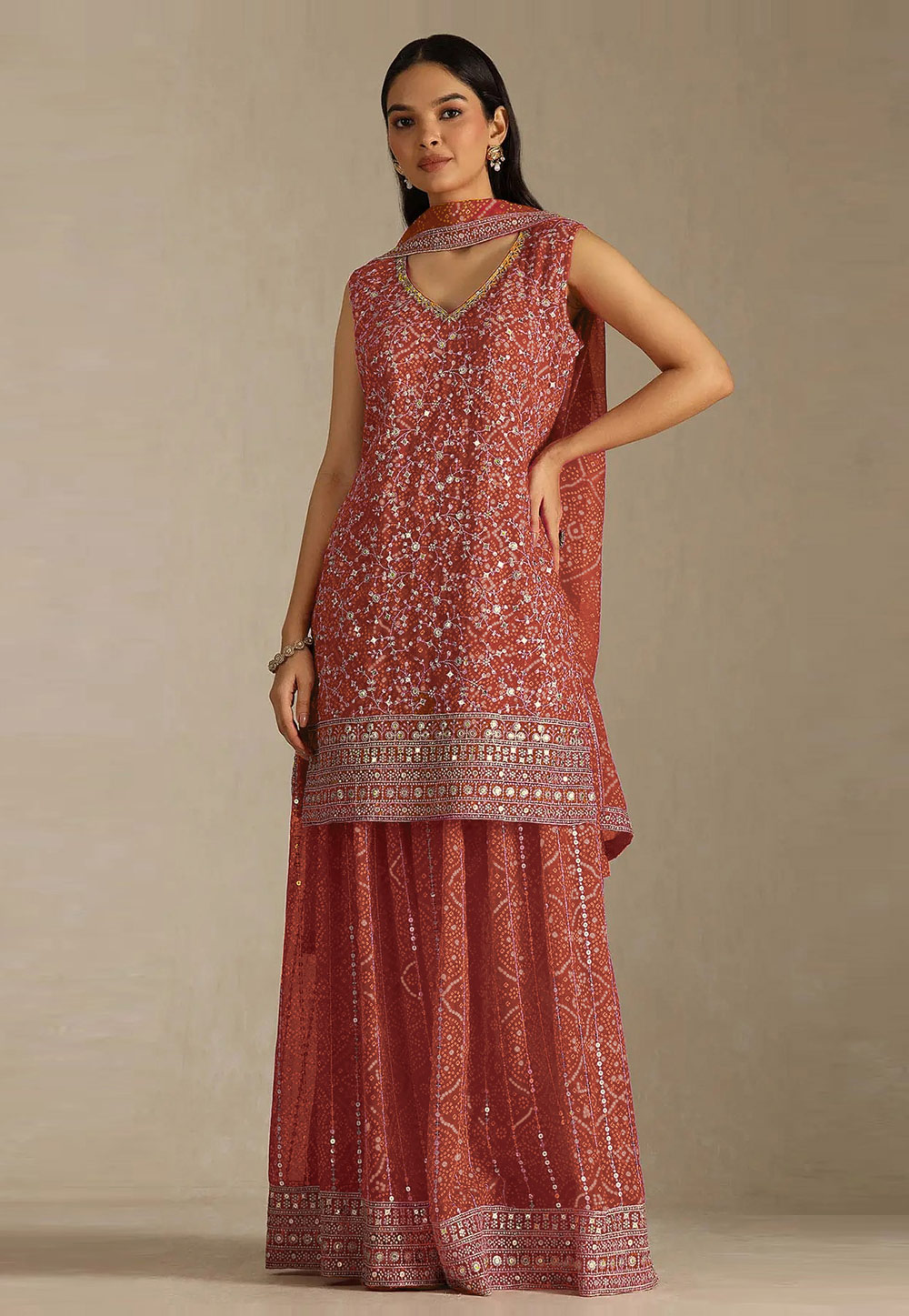Rust Faux Georgette Embroidered Palazzo Suit 330371