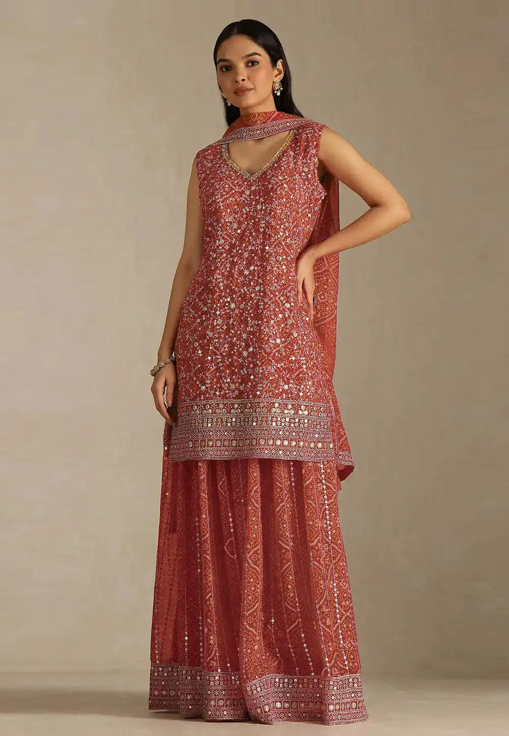 Rust Faux Georgette Embroidered Palazzo Suit 330371