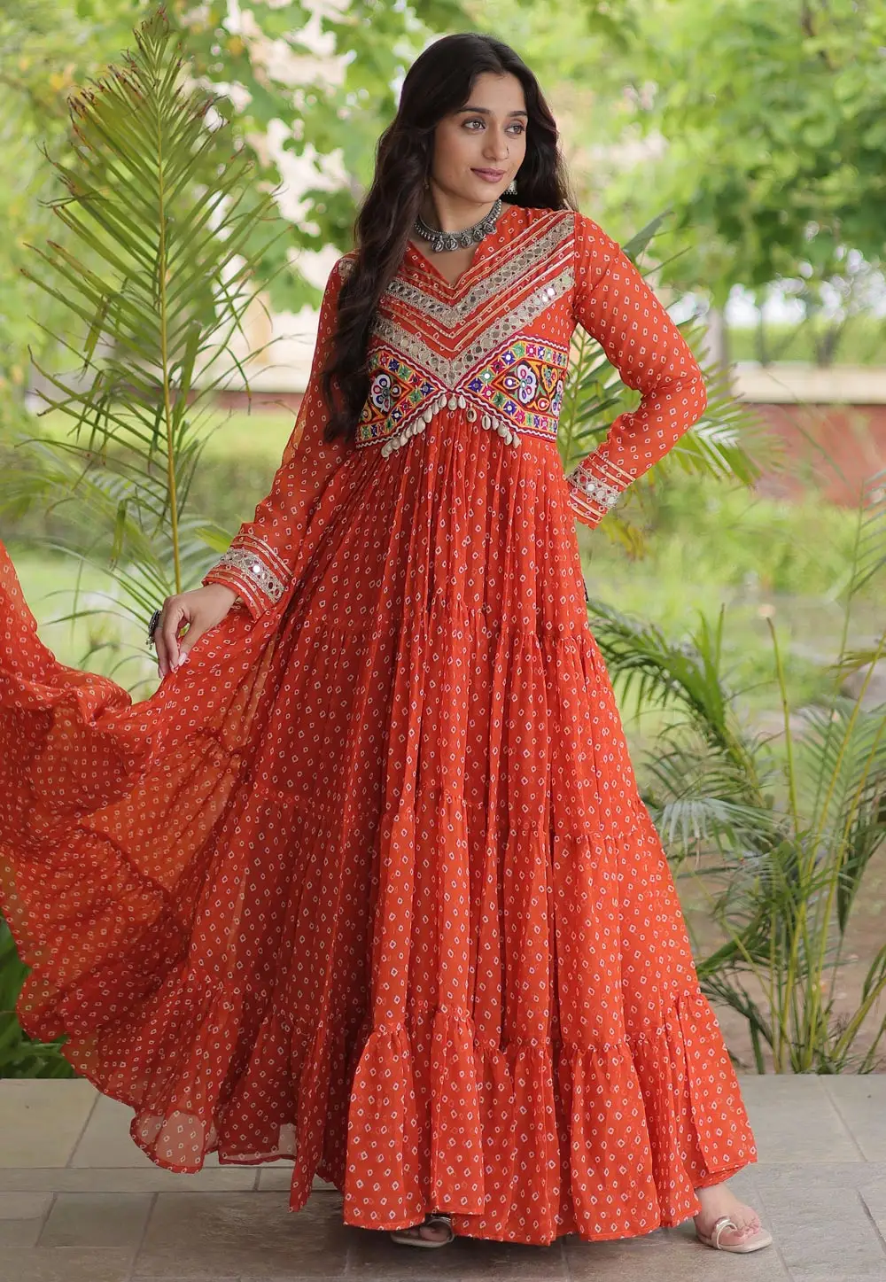Rust Faux Georgette Navratri Wear Gown 333694