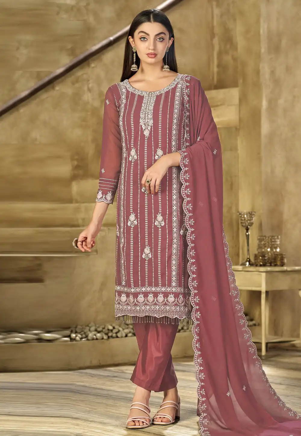 Rust Faux Georgette Pant Style Suit 316827