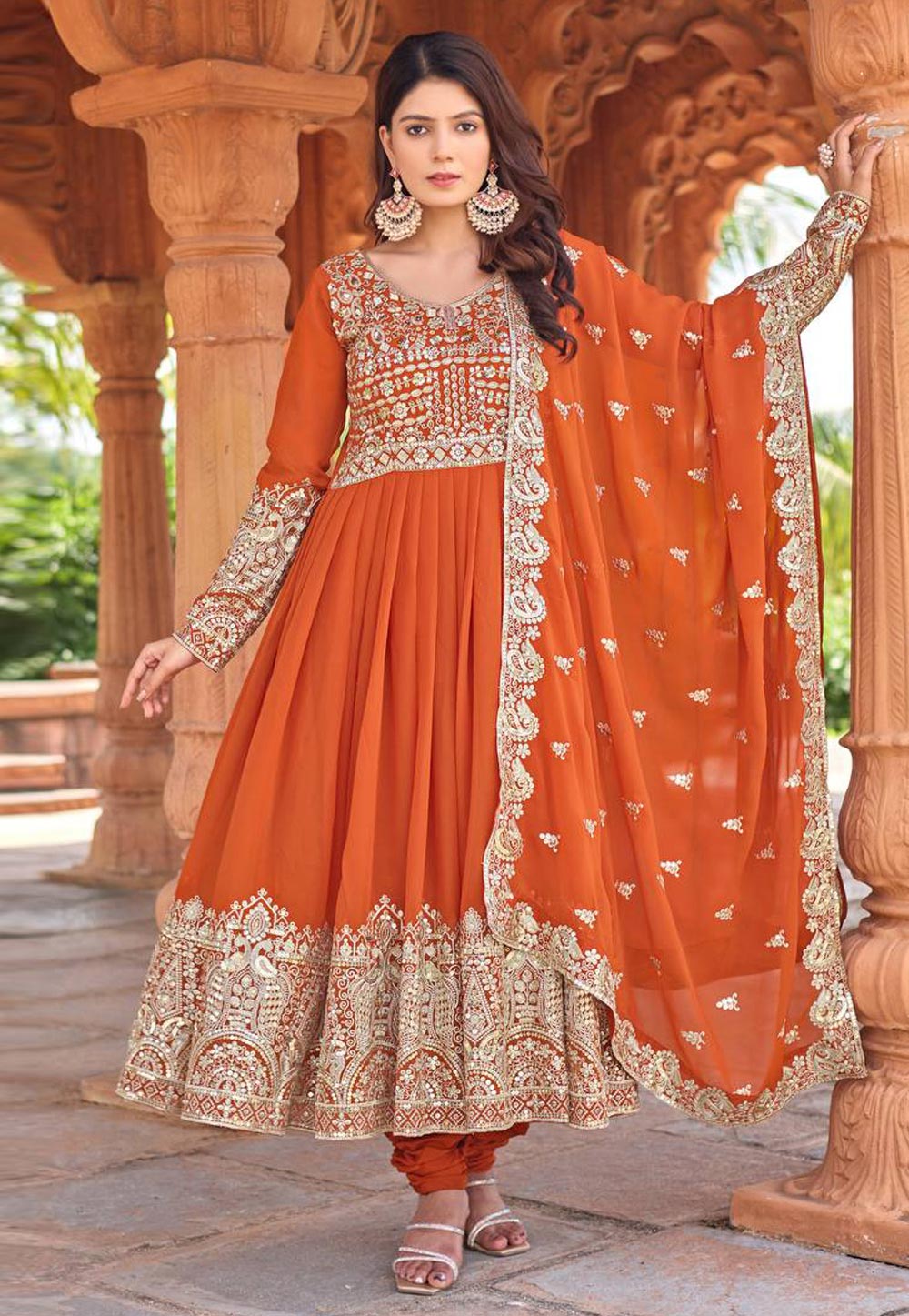 Rust Faux Georgette Readymade Anarkali Suit 318938