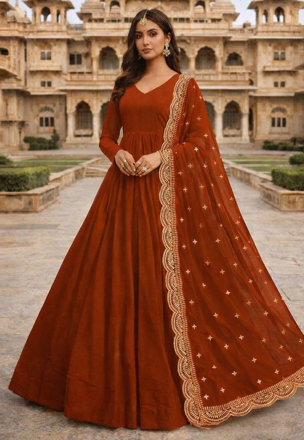Rust Faux Georgette Readymade Long Anarkali Suit 323528