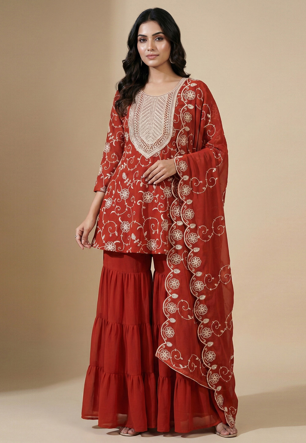 Rust Faux Georgette Readymade Sharara Suit 323821