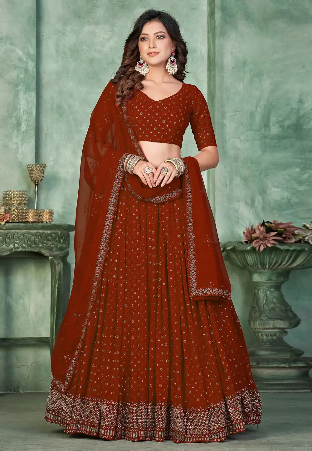 Rust Georgette Circular Lehenga Choli 309337