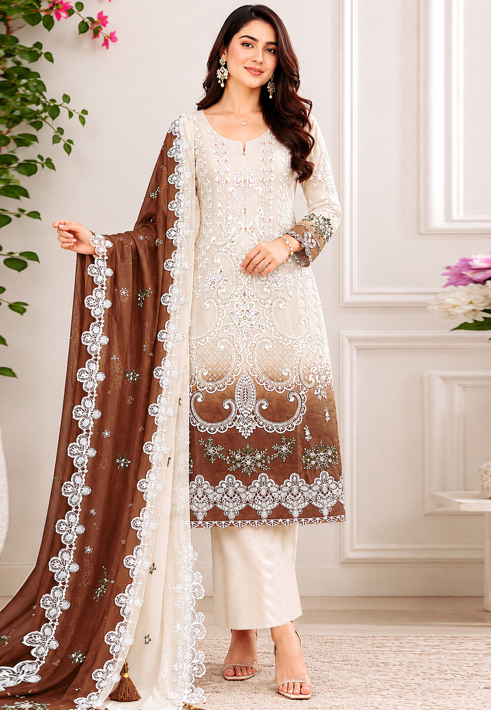 Rust Georgette Embroidered Pakistani Suit 330364