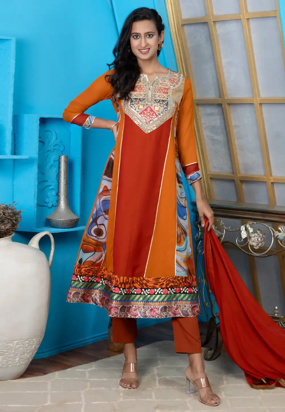Rust Georgette Readymade Anarkali Suit 316654
