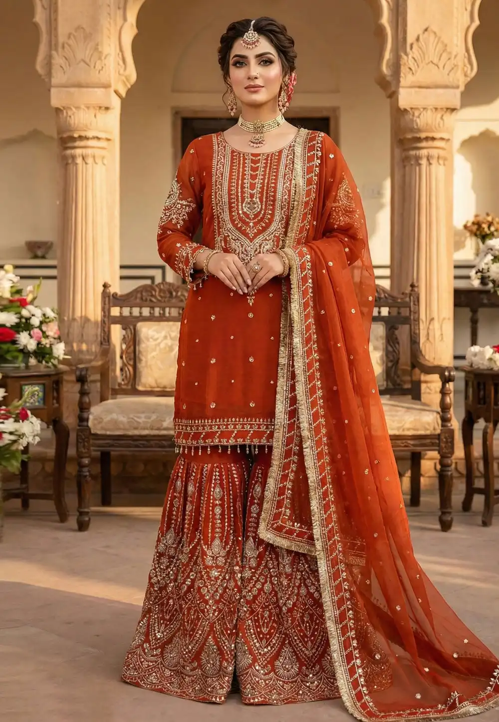 Rust Georgette Readymade Gharara Suit 324057