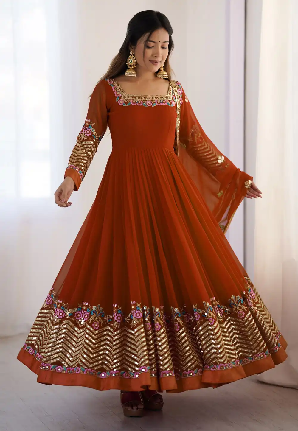 Rust Georgette Readymade Long Anarkali Suit 319589