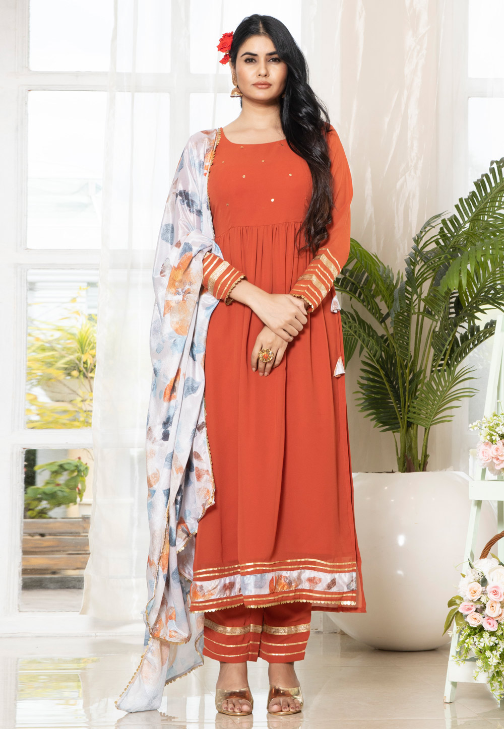 Rust Georgette Readymade Pant Style Suit 308450